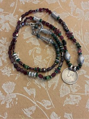 SALE Red & Green Garnet Beaded Necklace with coin pendant & Sterling Silver
